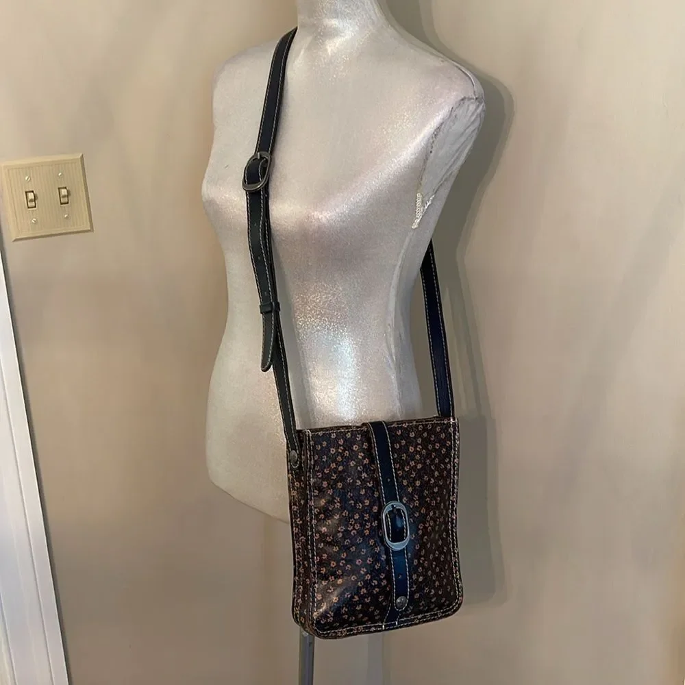 Patrica Nash Venezia Pouch Denim Daises Print, Navy Blue Leather Crossbody